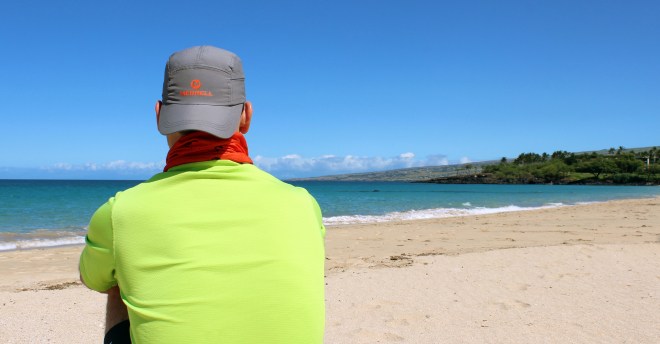 Watching the waves and blocking sun rays with my Capra Hat and Merrill buff.