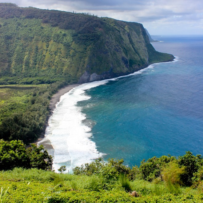 Waipio Valley, note the waterfall on the cliff!